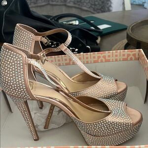 Embellished Rose Gold T-Strap Platform Heels